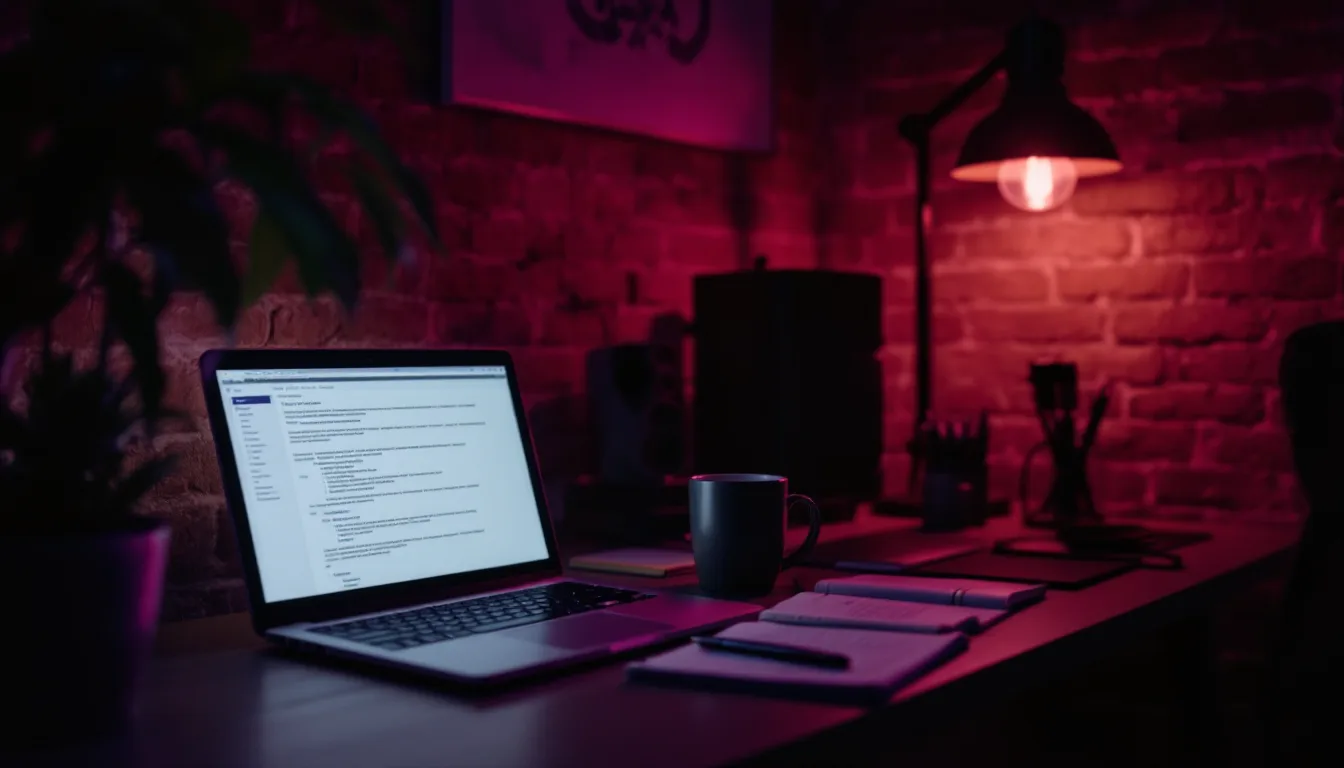 A small consultancy desk at dusk — a laptop terminal, a printed report and a notebook, lit by one warm lamp
