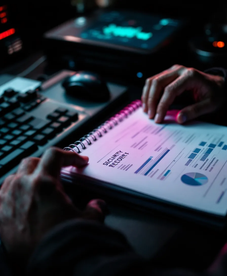 Hands at a keyboard beside an open security report, lit by a faint magenta screen glow