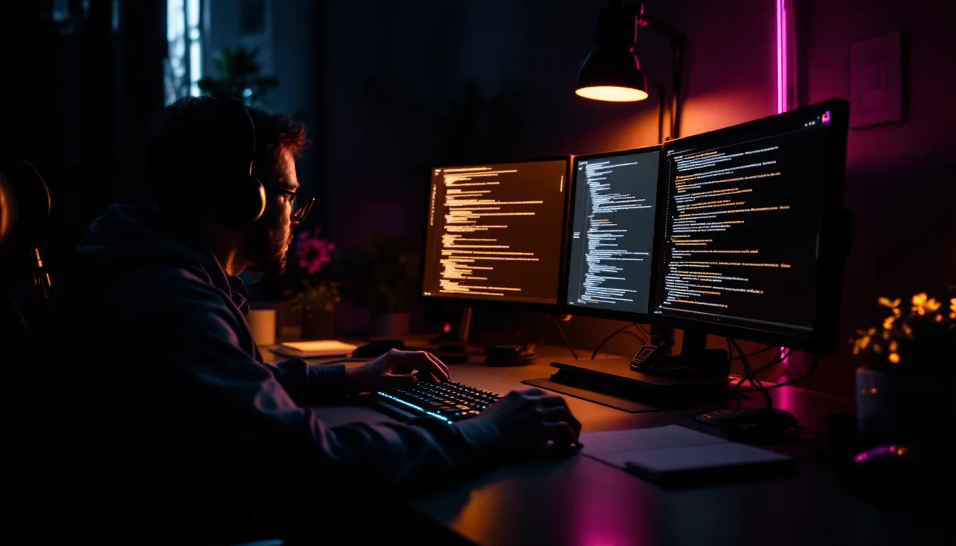 A security analyst working at a dimly lit desk at night, lit by a single warm glow