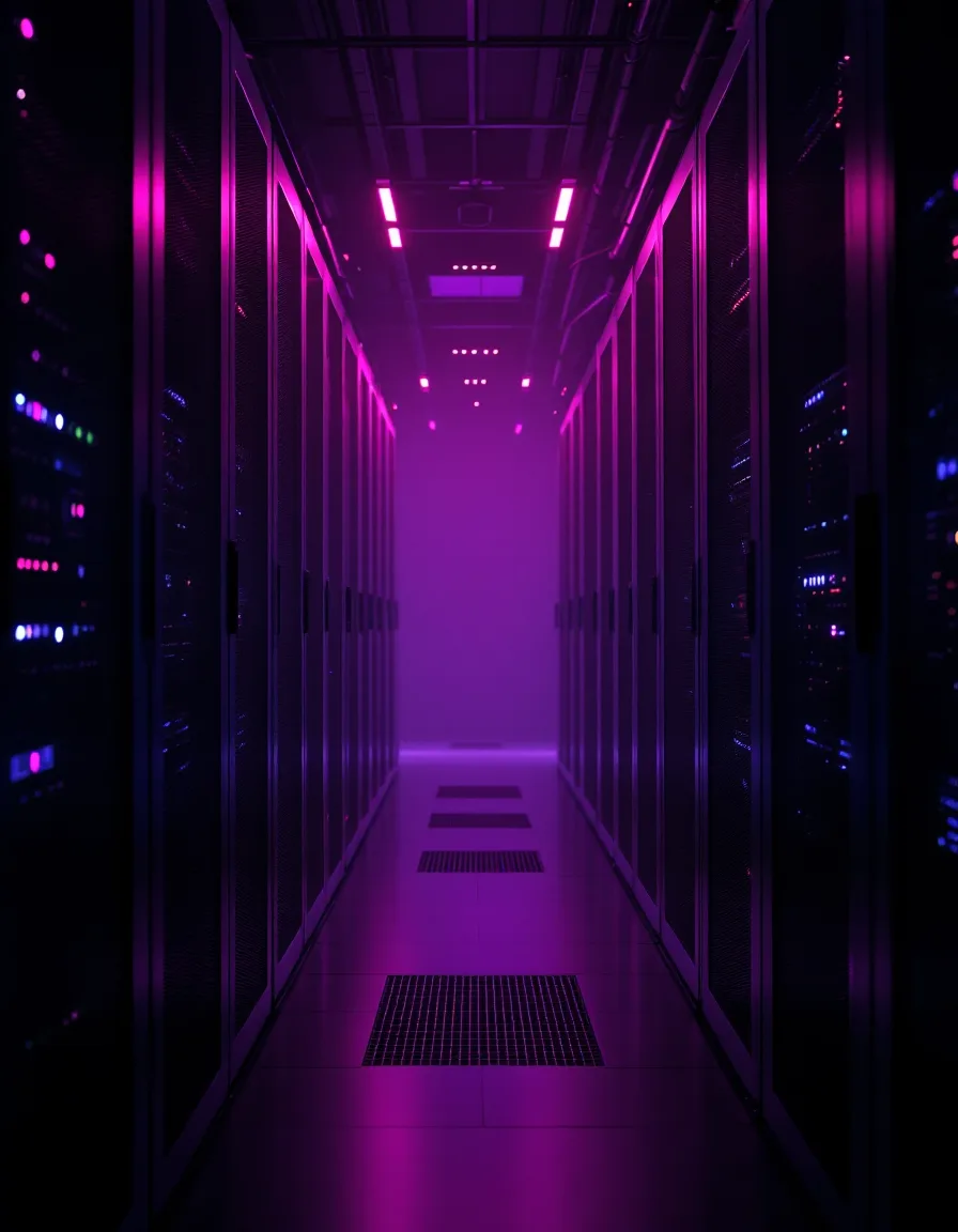 A dark server-room corridor lit by a faint magenta glow