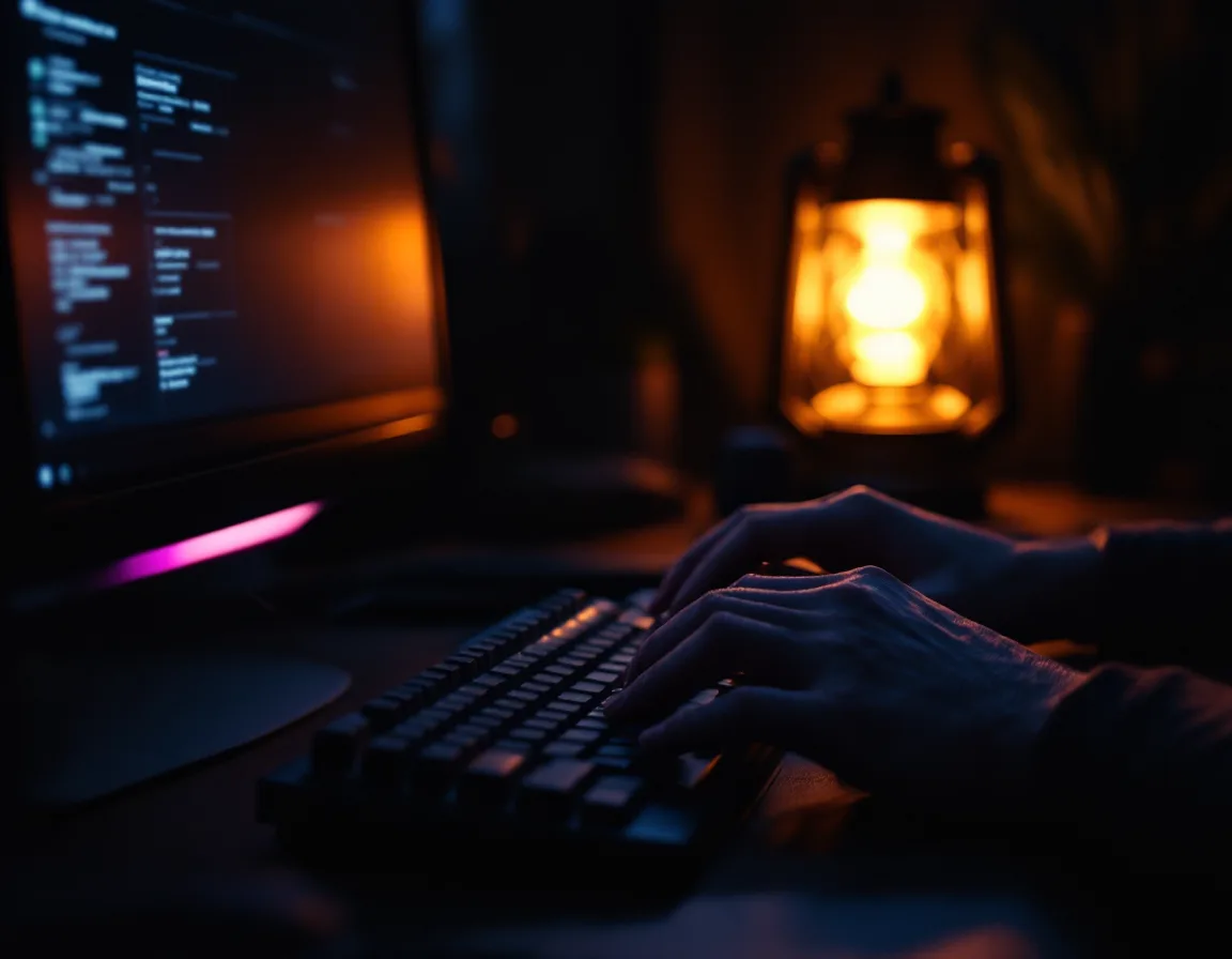 Hands at a keyboard beside a printed report, lit by a warm desk lamp in the dark