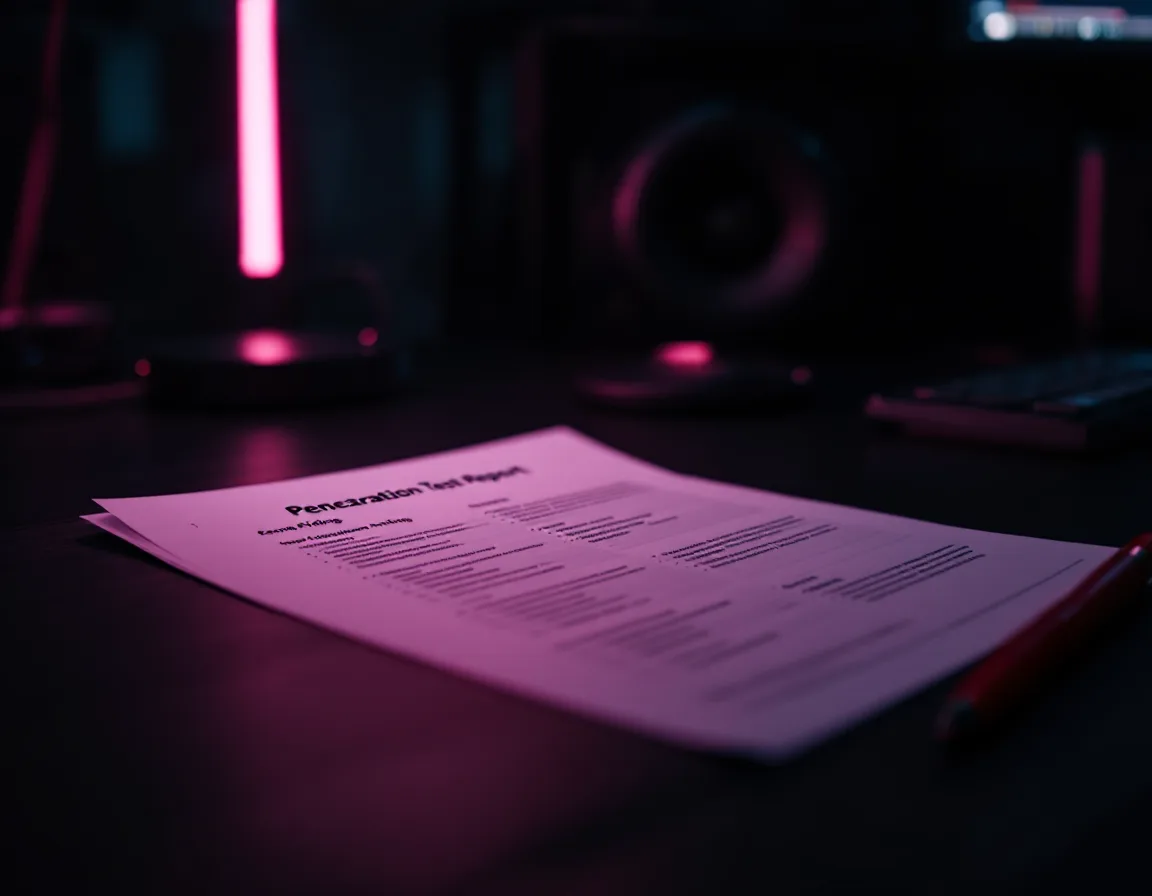A printed security findings report on a dark desk, lit by a single warm lamp